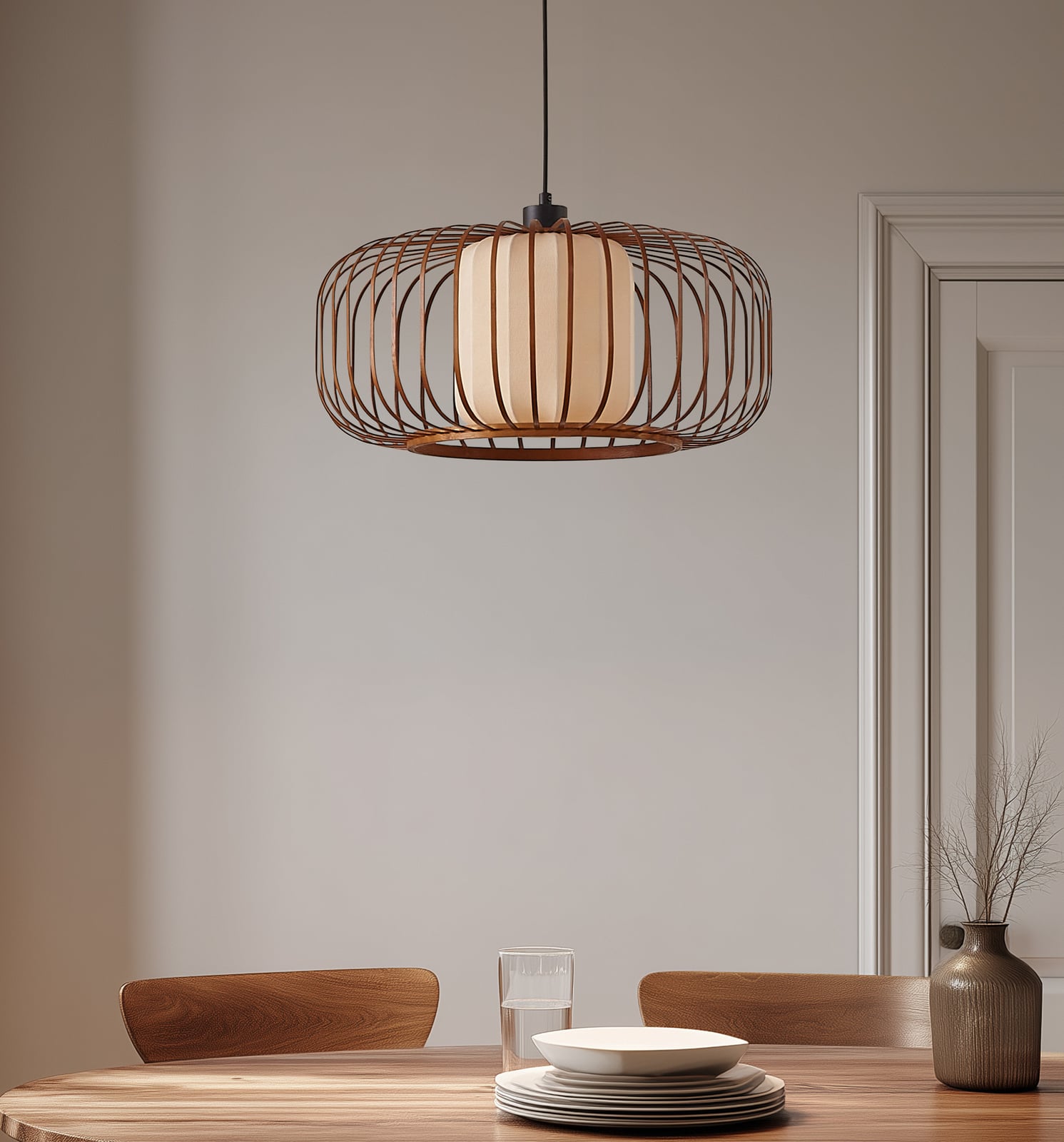 Lindby hanglamp Davella, Ø 50 cm, bamboe, textiel