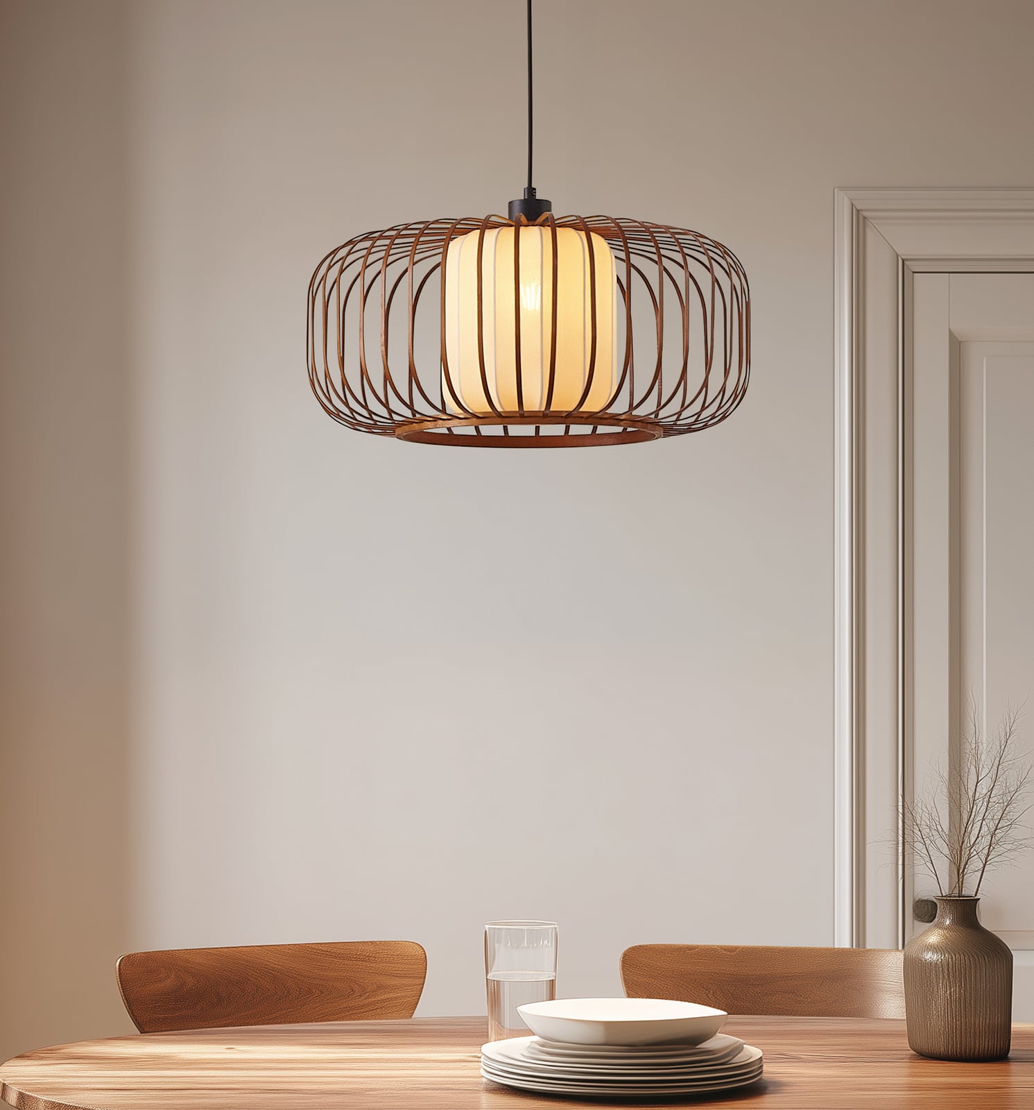 Lindby hanglamp Davella, Ø 50 cm, bamboe, textiel