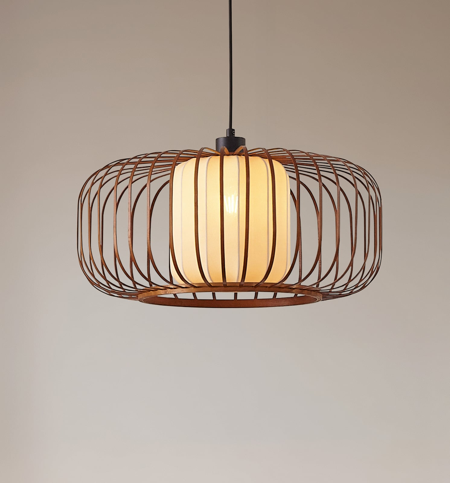 Lindby hanglamp Davella, Ø 50 cm, bamboe, textiel