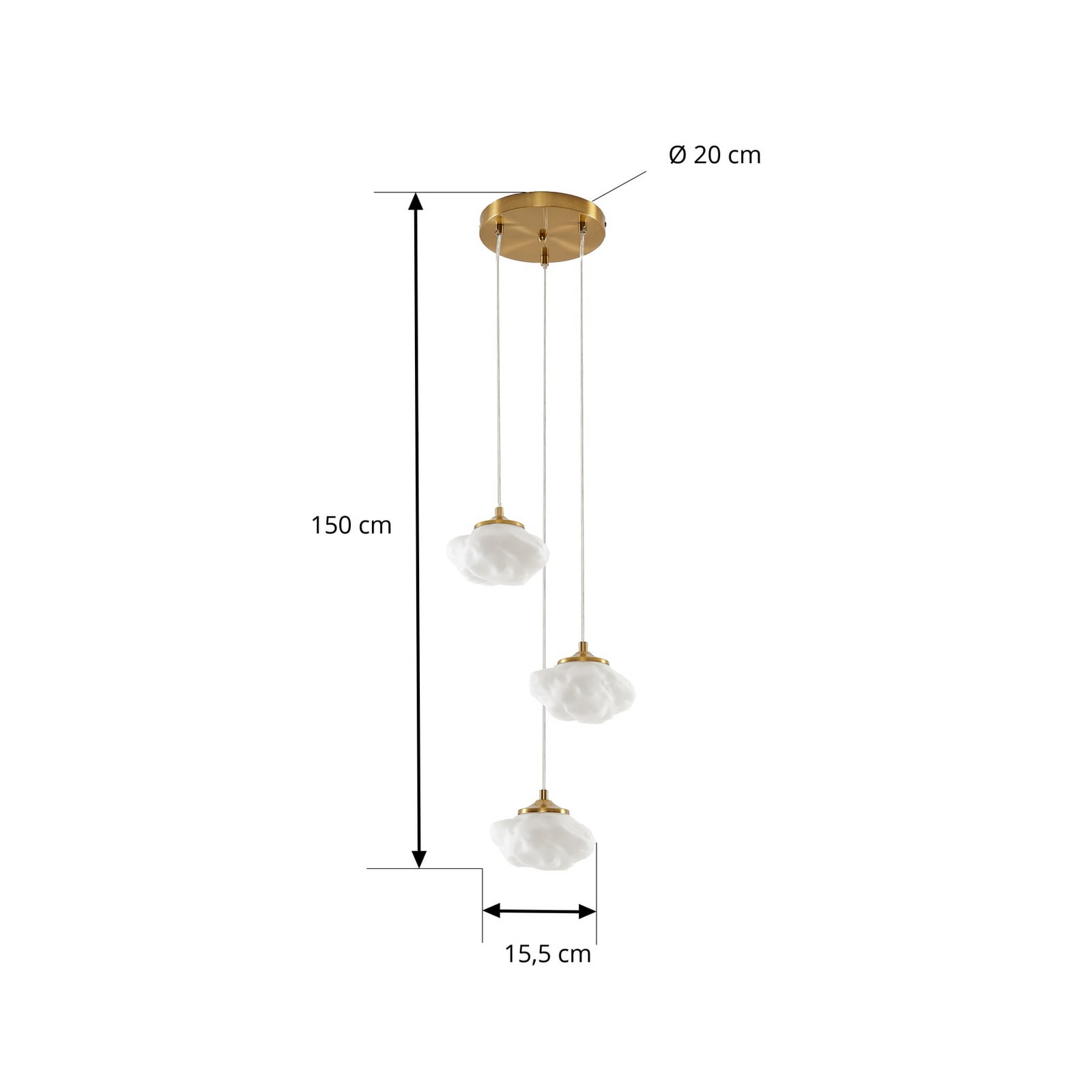 Lindby hanglamp Piatra, Ø 25 cm, 3-lamps, opaal/messing, glas