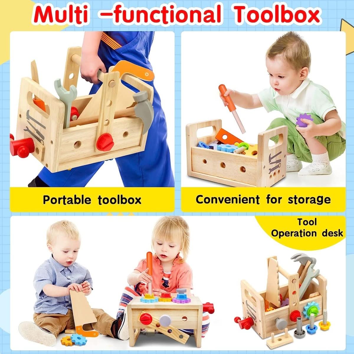 Holzhandwerk Kinder Werkzeugkasten – Holz-Werkzeugkasten Kreatives Spiel Motorik Ab 6 Monaten