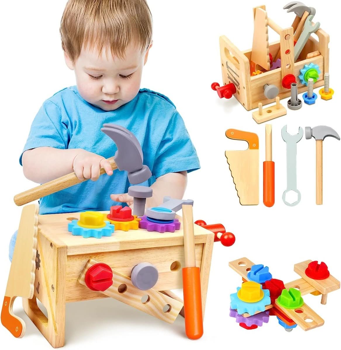 Holzhandwerk Kinder Werkzeugkasten – Holz-Werkzeugkasten Kreatives Spiel Motorik Ab 6 Monaten