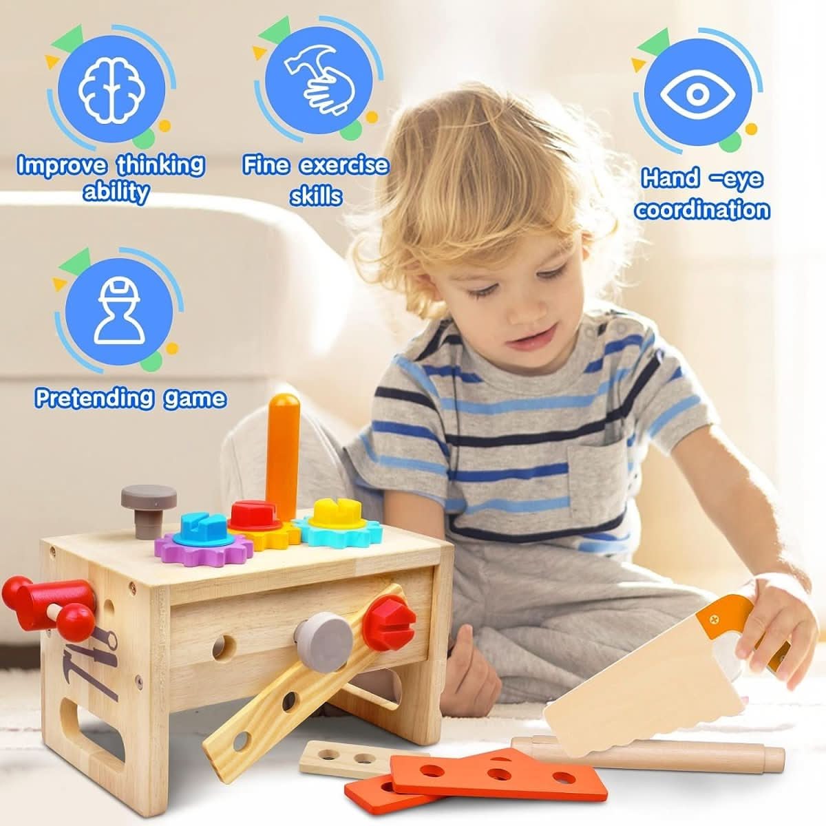 Holzhandwerk Kinder Werkzeugkasten – Holz-Werkzeugkasten Kreatives Spiel Motorik Ab 6 Monaten