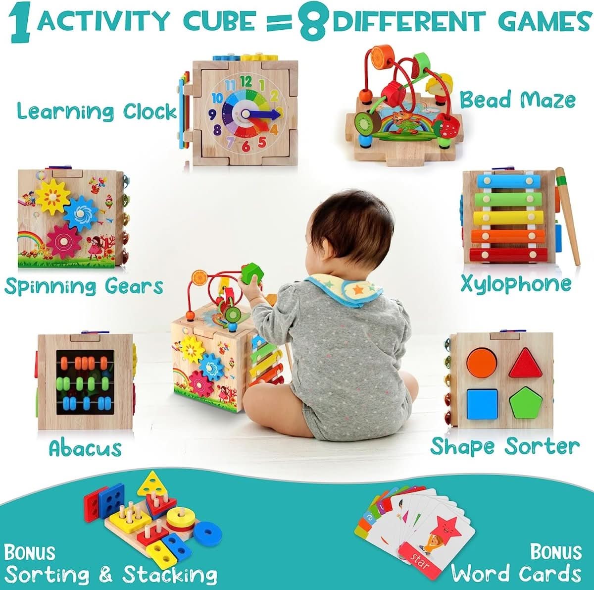 EduCube 8-In-1 – Montessori Lernspielzeug aus Holz für Kleinkinder ab 18 Monaten