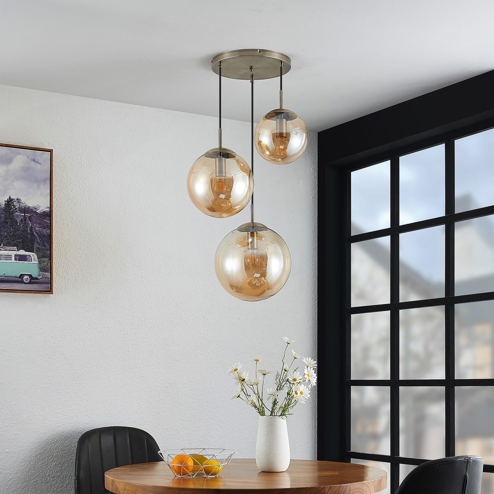 Lindby hanglamp Teeja, amber, 3-lamps, Ø52cm, glas, E27