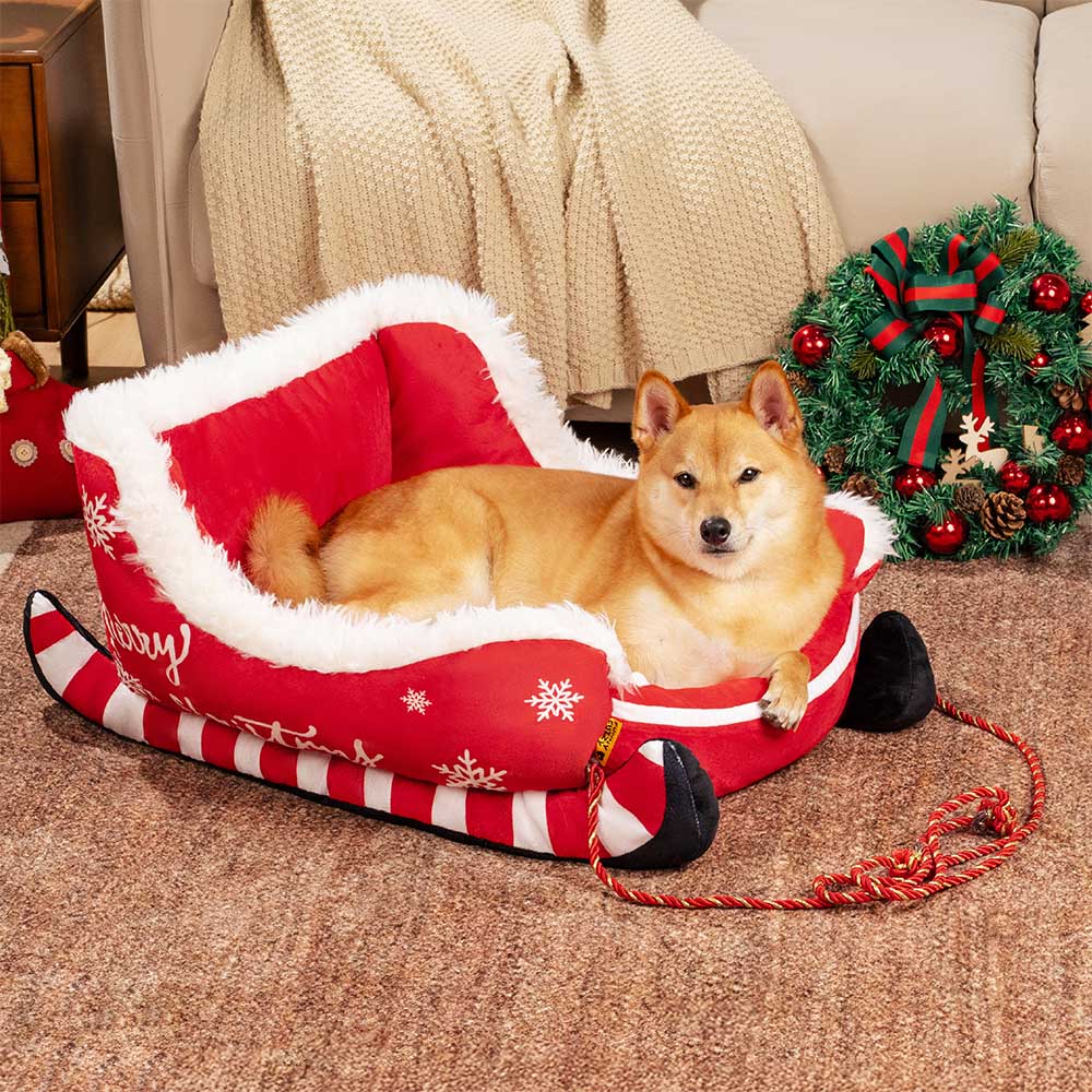 COMFYCLAUS – Weihnachtsschlitten-Hundebett mit Plüsch-Kristallsamt und Anti-Rutsch-Unterseite 0
