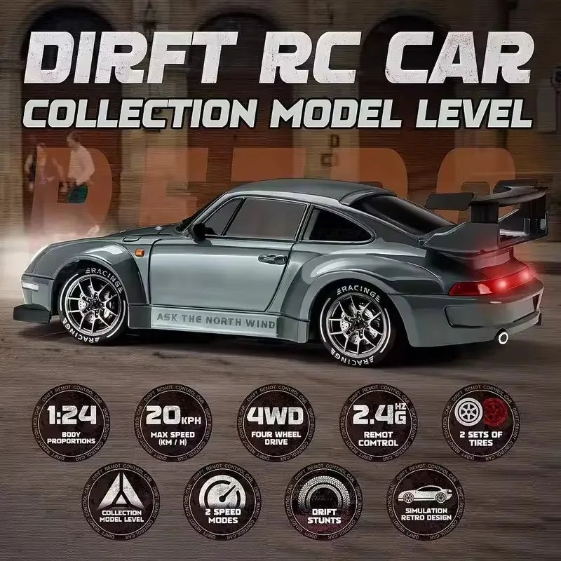 DRIFTRAX – 1:24 Hochgeschwindigkeits-4WD-RC-Driftwagen mit LED-Beleuchtung und Doppelreifen 4