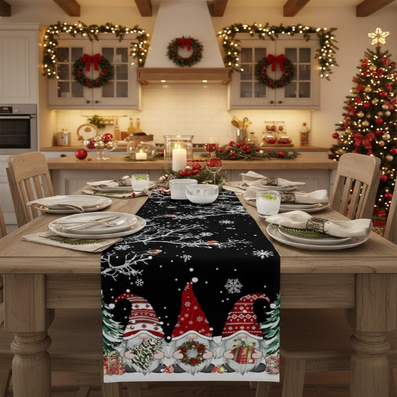 GNOMELINEN – Festlicher Weihnachtstischläufer aus Leinen mit Schneeflockenmotiv und Wichtelmotiv 0