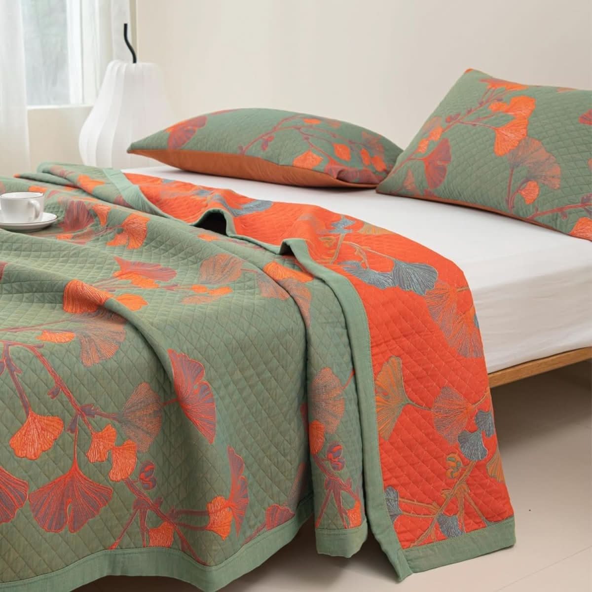 GinkgoSteppdecke – Baumwoll Bettwäsche Set Mit Botanischem Design