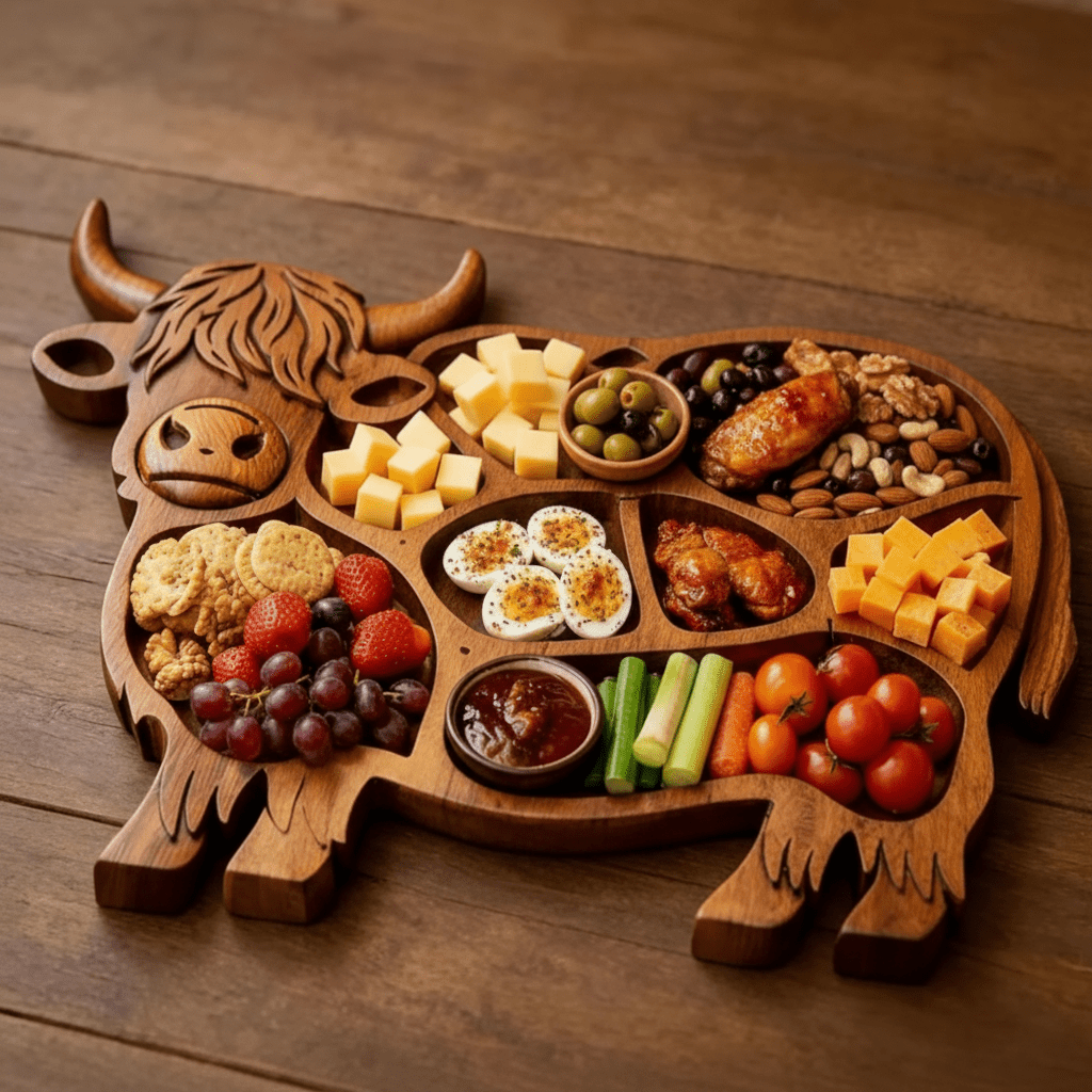 Highland Feast - Rustikales Wurstbrett aus Naturholz mit Kuhmotiv und Fächern 0