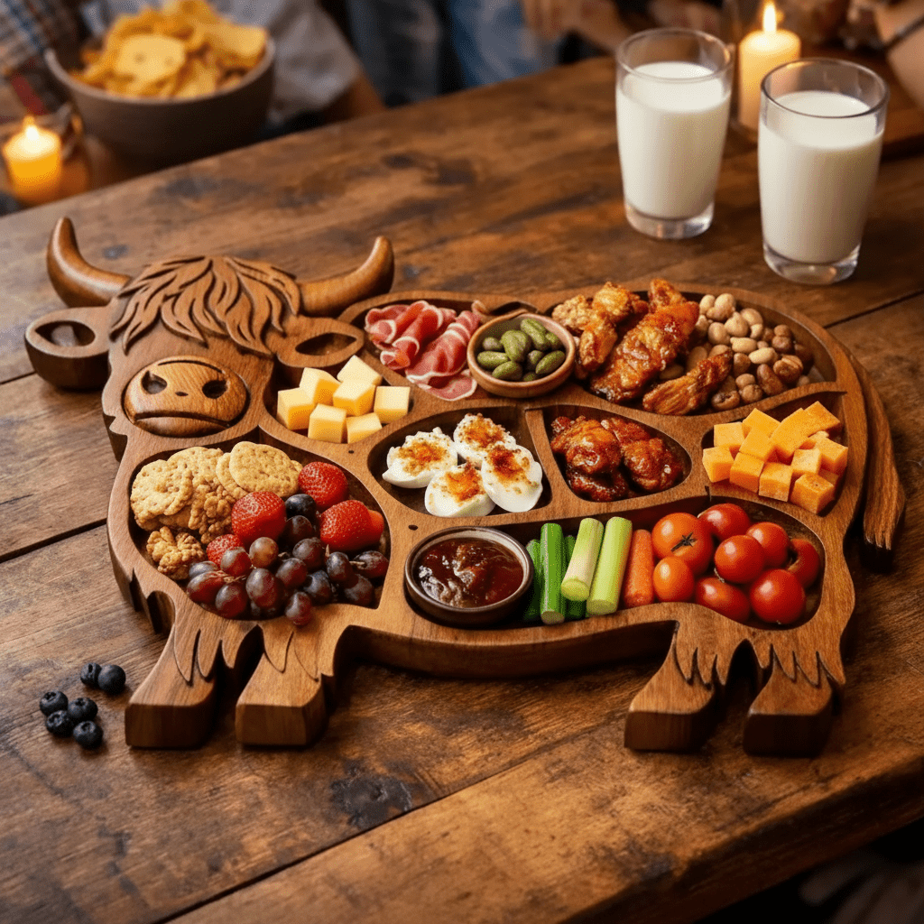 Highland Feast - Rustikales Wurstbrett aus Naturholz mit Kuhmotiv und Fächern 2