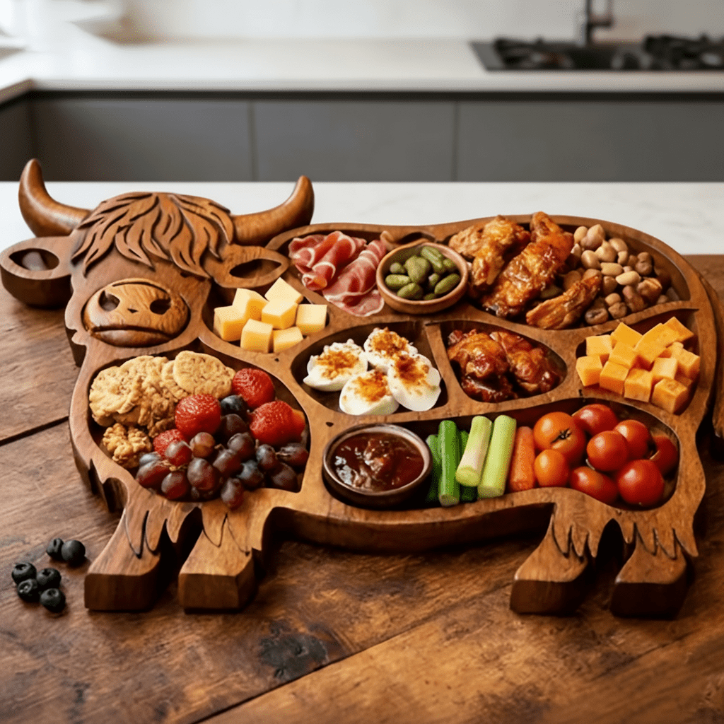 Highland Feast - Rustikales Wurstbrett aus Naturholz mit Kuhmotiv und Fächern 4