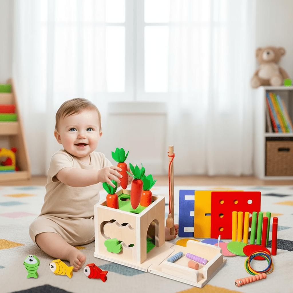 KleinerPfad Spielwürfel – 8-In-1 Montessori-Holzspielbox Aus Holz Für Babys