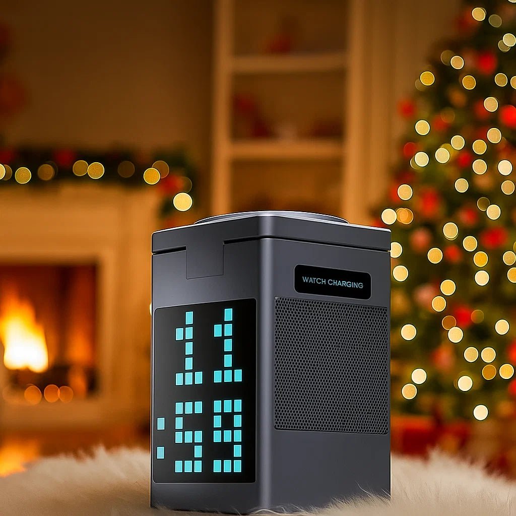 PIXCHARGE – 3-in-1-Kabelloses Ladegerät mit Bluetooth-Lautsprecher und LED-Uhranzeige 1