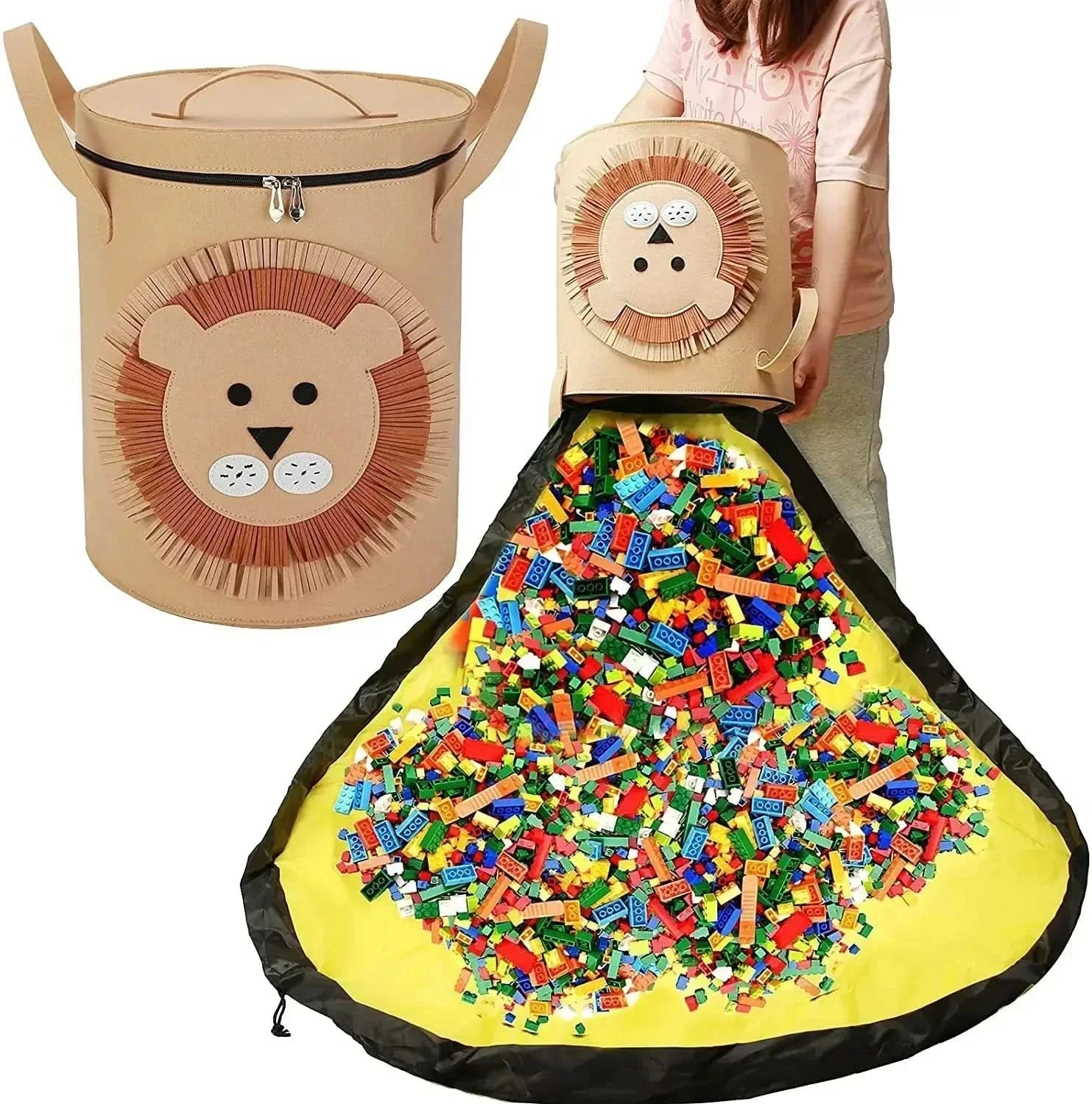 Filz Spielzeug Aufbewahrung Beutel – Faltbare Spielzeugtasche aus Filz mit Tiermotiv für Kinderzimmer & Spielmatten