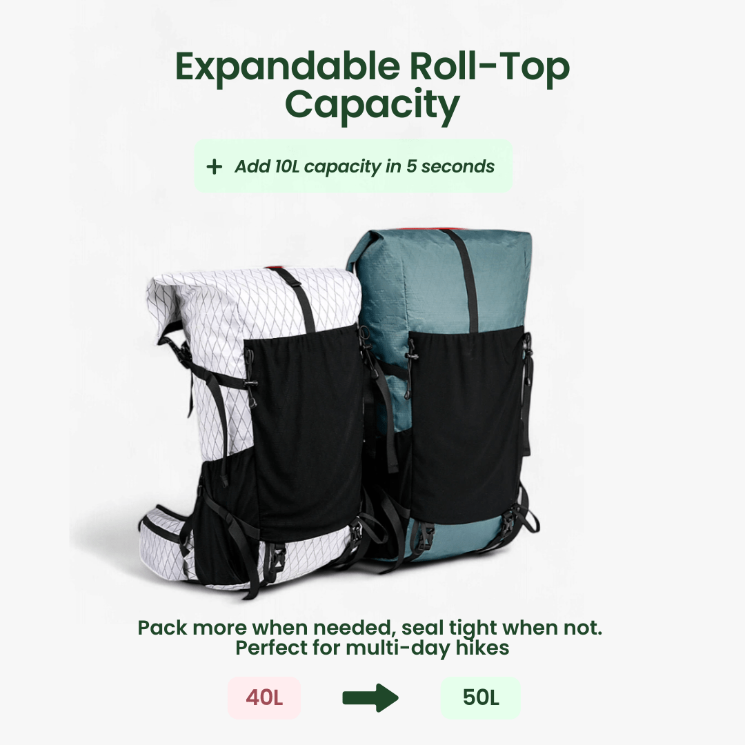 ULTREA Pack – Ultraleichter 50L Abenteuerrucksack mit Rolltopverschluss und Reißfestes-Nylon