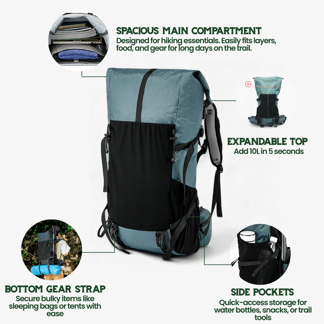 ULTREA Pack – Ultraleichter 50L Abenteuerrucksack mit Rolltopverschluss und Reißfestes-Nylon