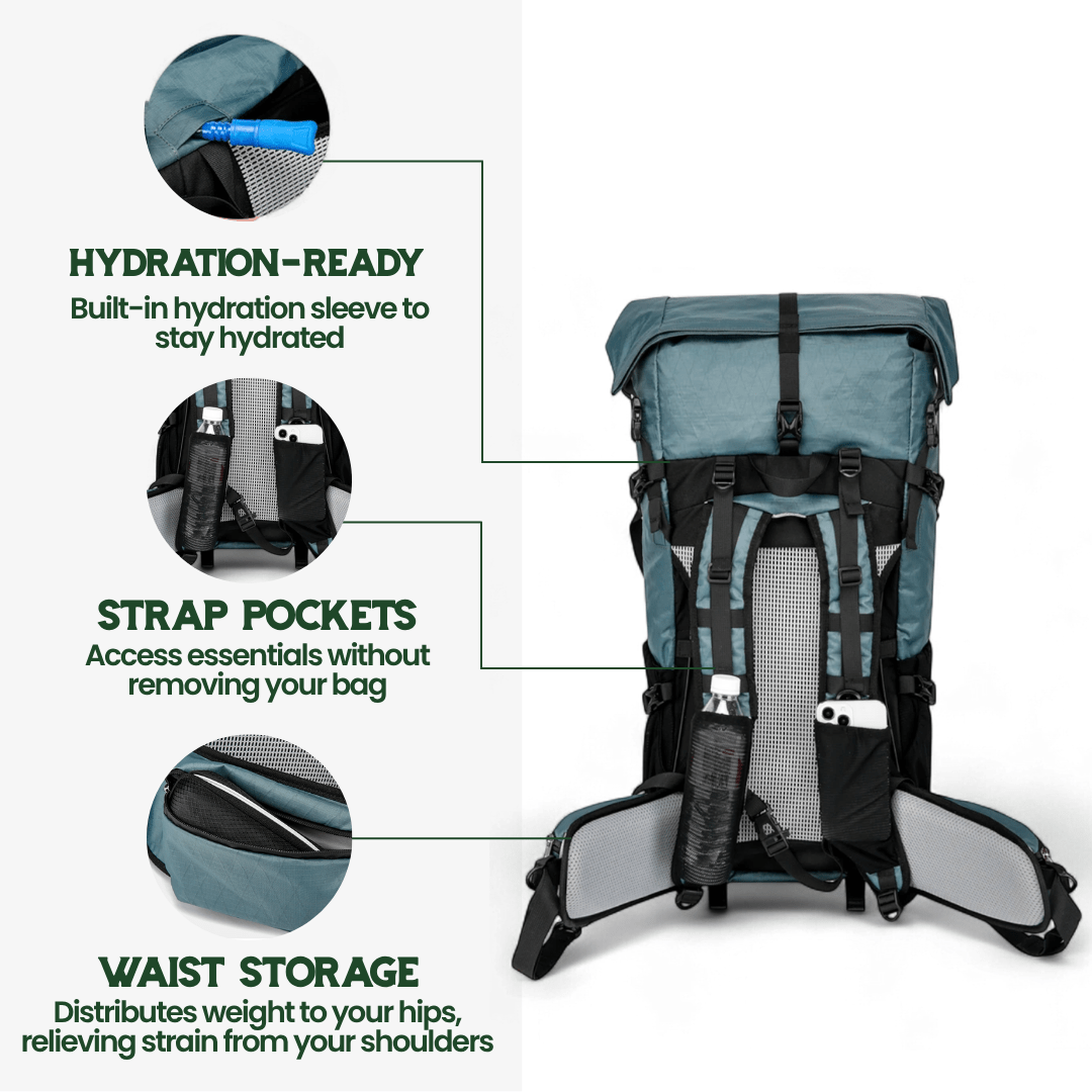 ULTREA Pack – Ultraleichter 50L Abenteuerrucksack mit Rolltopverschluss und Reißfestes-Nylon
