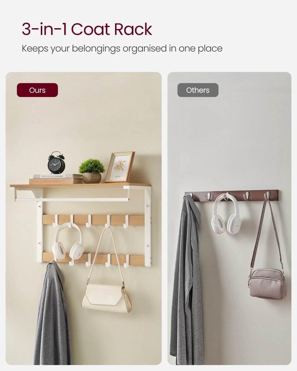 WALLVERA – 3-in-1 Wandgarderobe mit Ablage, Haken und Kleiderstange 6
