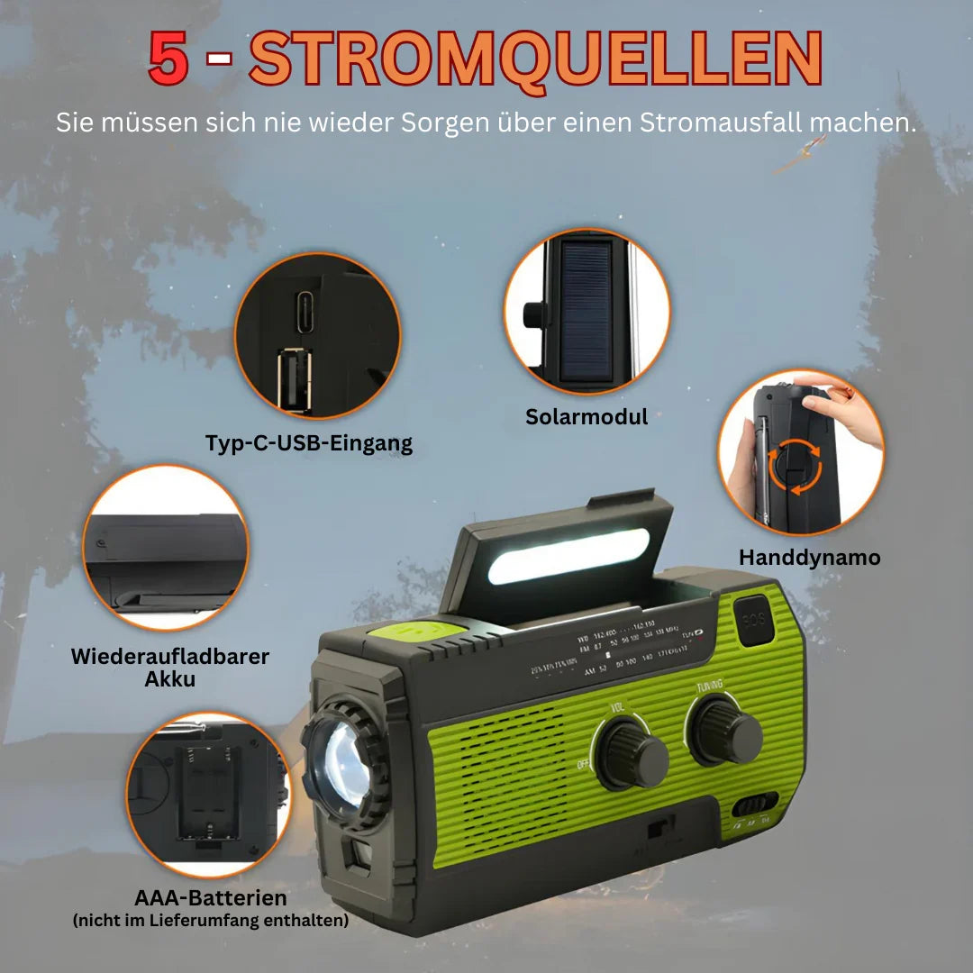 Tragbares Notfallradio mit Solarenergie – 5 Stromquellen für maximale Zuverlässigkeit
