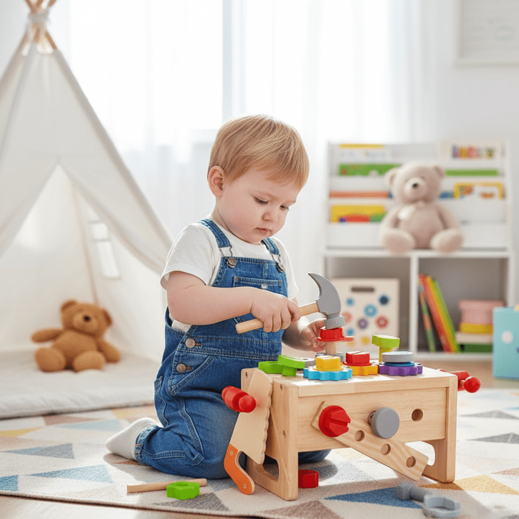 Holzhandwerk Kinder Werkzeugkasten – Holz-Werkzeugkasten Kreatives Spiel Motorik Ab 6 Monaten