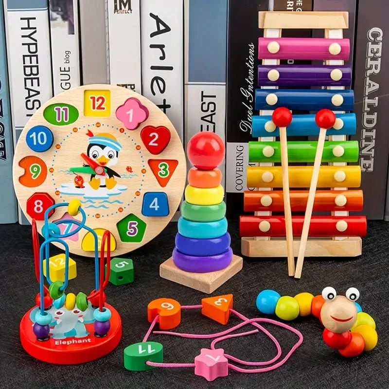EduQuest 5-in-1 Montessori Satz – Natürliches Lernspielzeug Aus Holz Für Babys Ab 6 Monaten