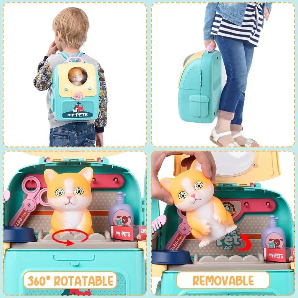 Tierpflege Spielset – Tragbarer Tierarzt-Spielrucksack mit 16 Zubehörteilen